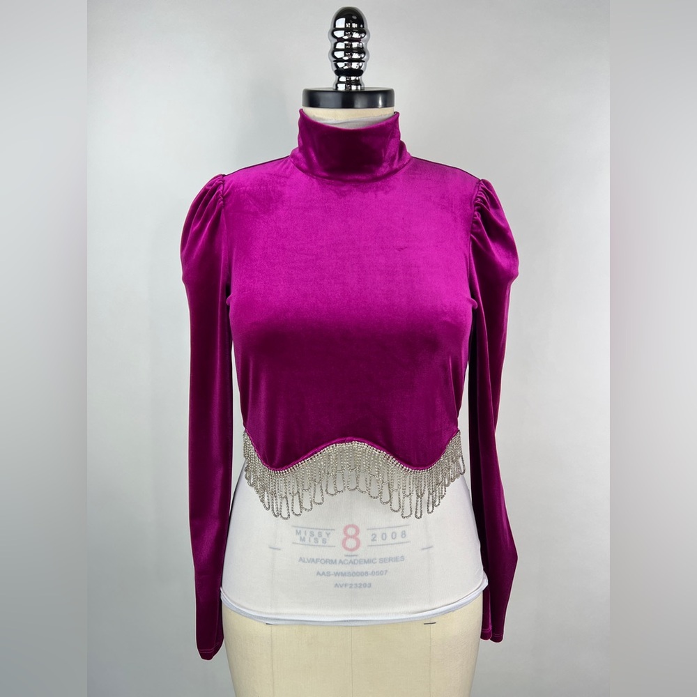 💚 2975. Velour Magenta Rhinestone Fringe Crop Top